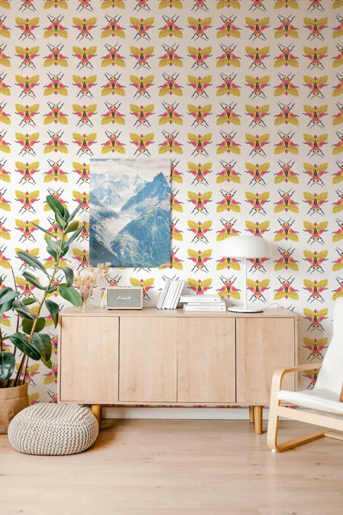 Scandinavian style living room decorated with Multicolor bug peel and stick wallpaper