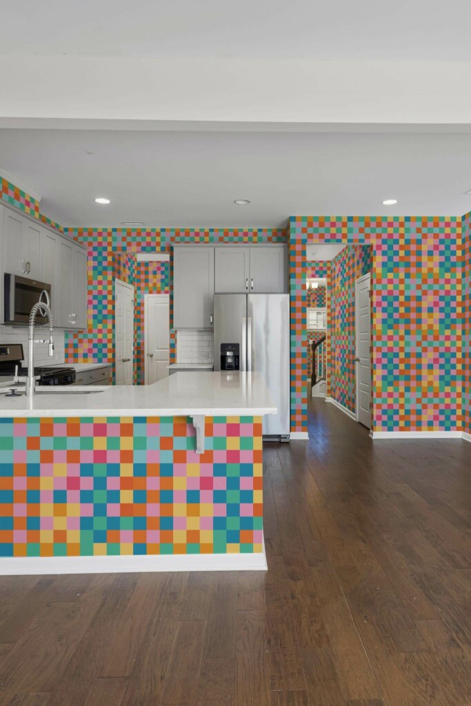Minimal scandinavian style kitchen decorated with Multicolor check peel and stick wallpaper