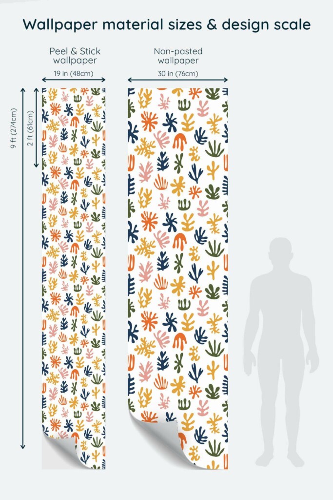 Size comparison of Multicolor corals Peel & Stick and Non-pasted wallpapers with design scale relative to human figure