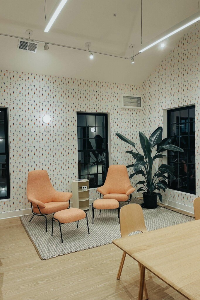 Minimal style living room decorated with Multicolor dancing people peel and stick wallpaper and mid-century style chairs