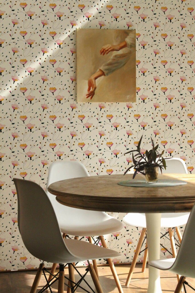 Scandinavian farmhouse style dining room decorated with Multicolor delicate floral peel and stick wallpaper