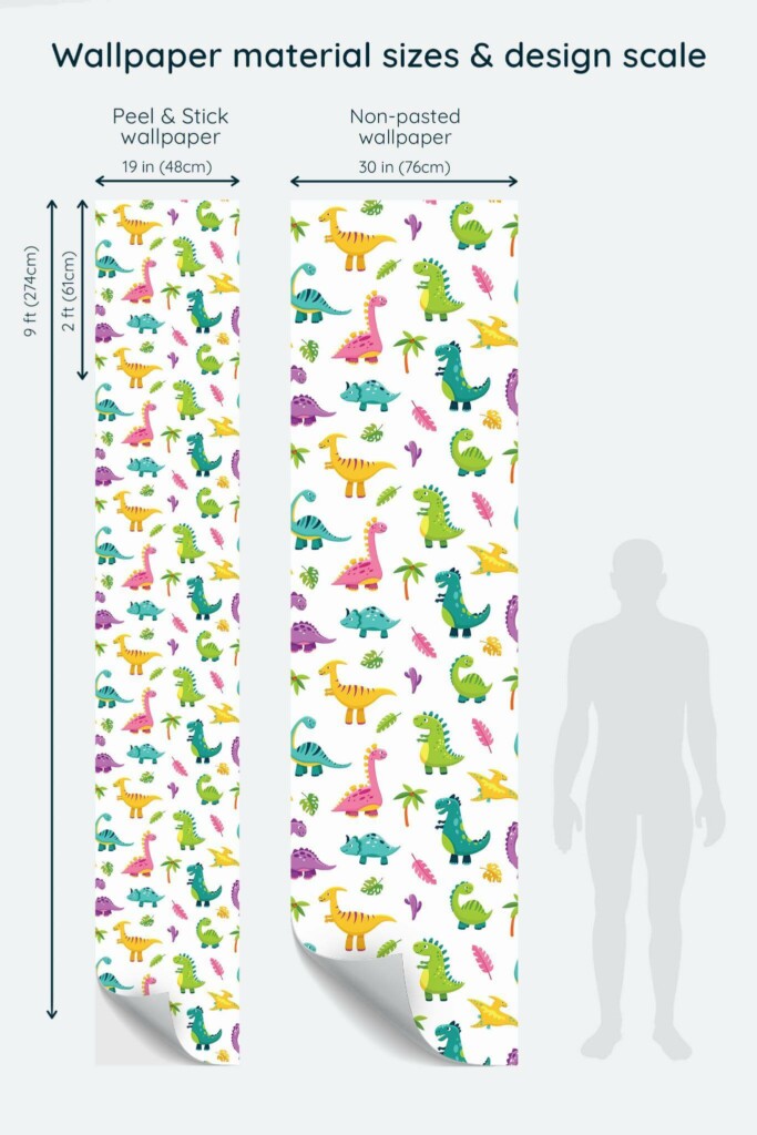 Size comparison of Multicolor dinosaur Peel & Stick and Non-pasted wallpapers with design scale relative to human figure