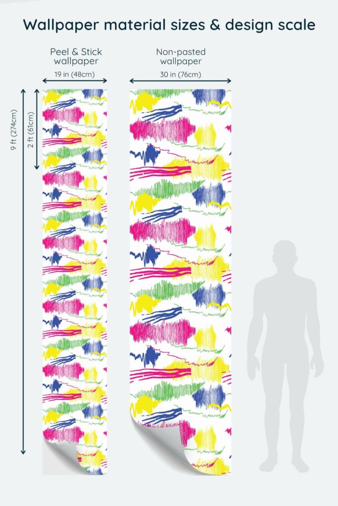Size comparison of Multicolor doodles abstract Peel & Stick and Non-pasted wallpapers with design scale relative to human figure
