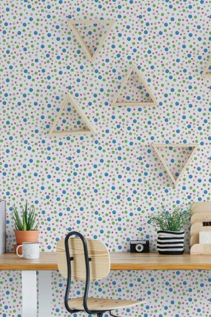 Scandinavian style home office decorated with Multicolor dot peel and stick wallpaper