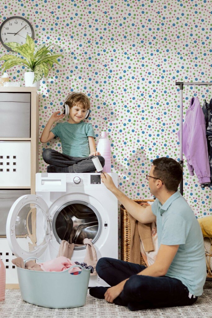 Scandinavian style laundry room decorated with Multicolor dot peel and stick wallpaper