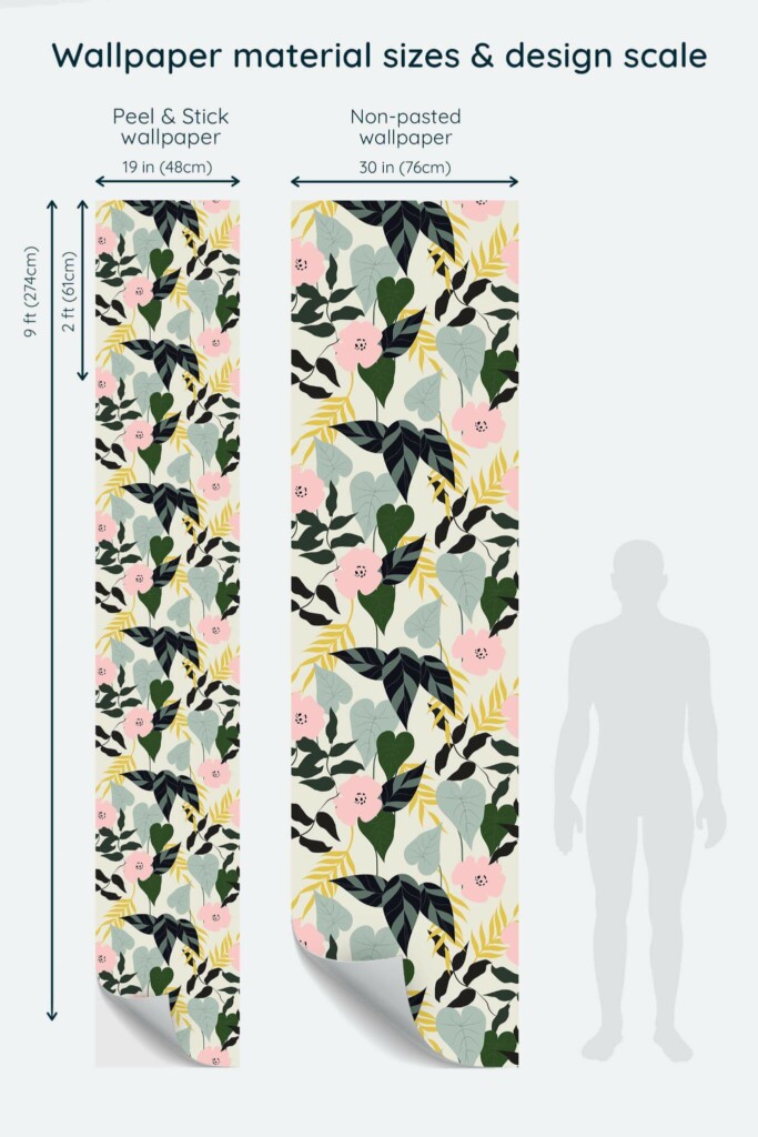 Size comparison of Multicolor floral and botanical Peel & Stick and Non-pasted wallpapers with design scale relative to human figure