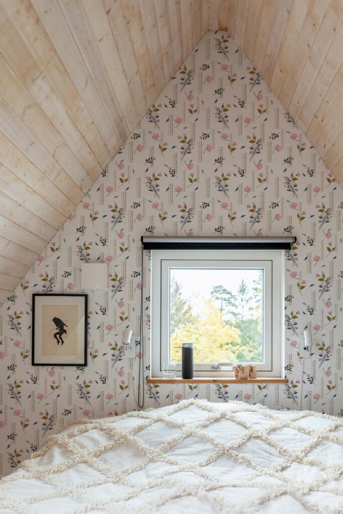 Light farmhouse style bedroom decorated with Multicolor floral peel and stick wallpaper
