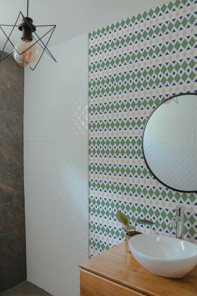 Modern style bathroom decorated with Multicolor geometric rhombus peel and stick wallpaper