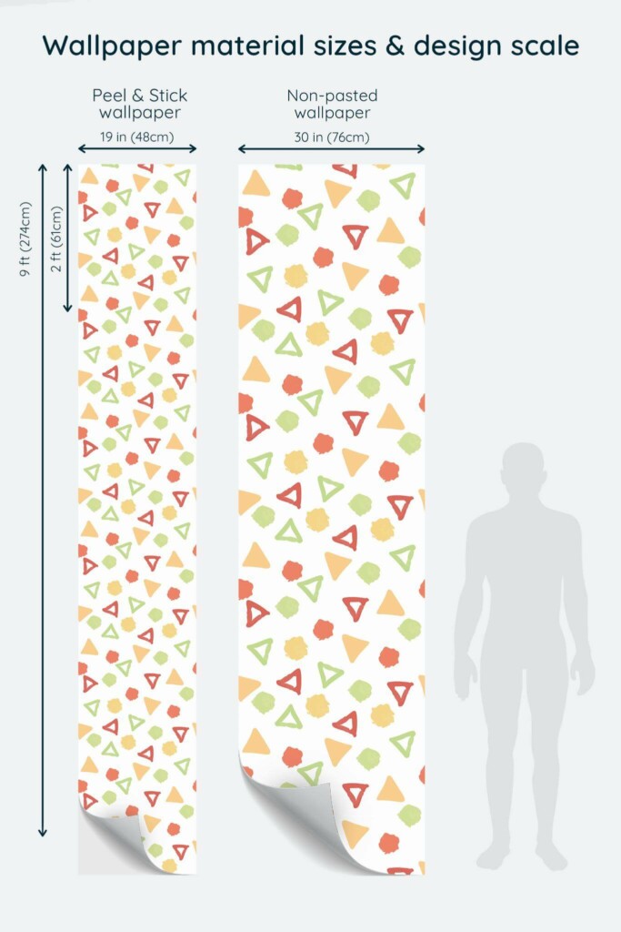 Size comparison of Multicolor geometric shapes Peel & Stick and Non-pasted wallpapers with design scale relative to human figure