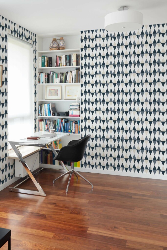 Minimal style home office decorated with Multicolor geometric triangle peel and stick wallpaper