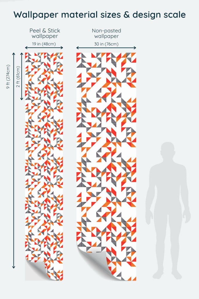 Size comparison of Multicolor geometric triangle Peel & Stick and Non-pasted wallpapers with design scale relative to human figure