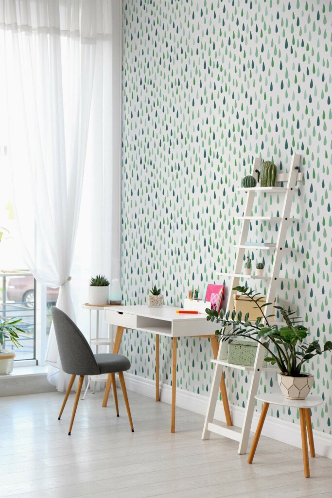 Scandinavian style home office decorated with Multicolor green drops peel and stick wallpaper