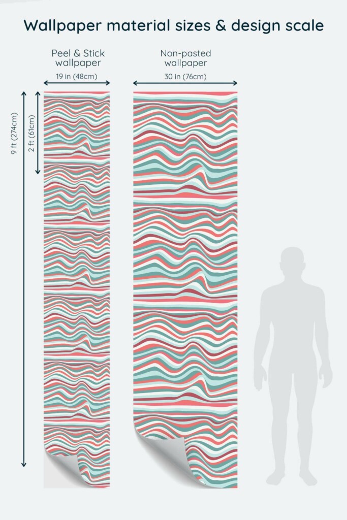 Size comparison of Multicolor illusion striped Peel & Stick and Non-pasted wallpapers with design scale relative to human figure