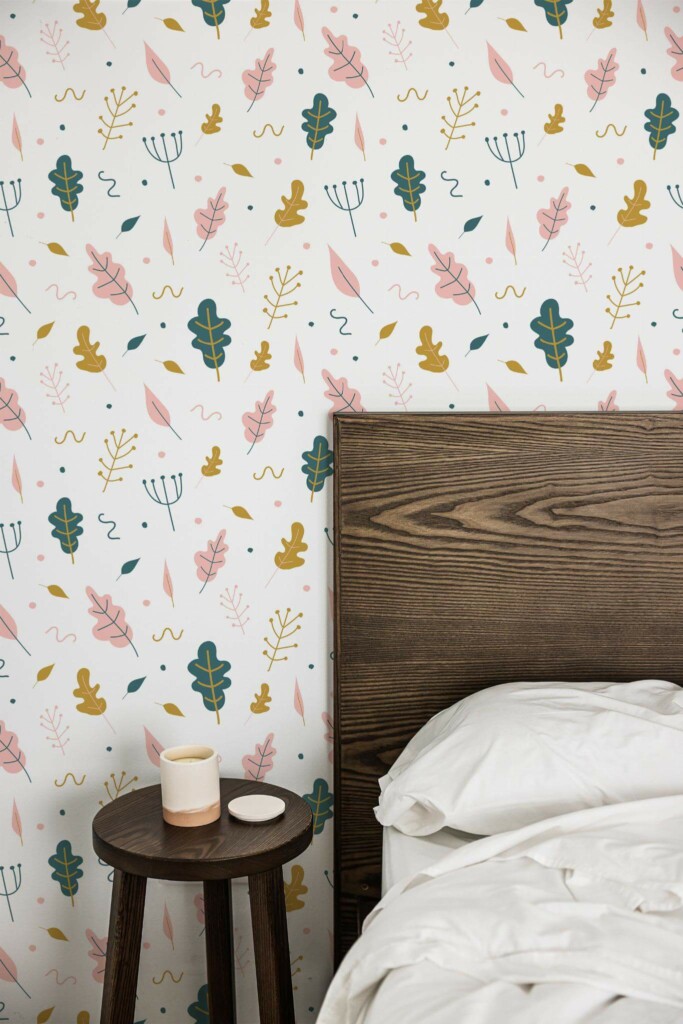 Farmhouse style bedroom decorated with Multicolor leaf peel and stick wallpaper