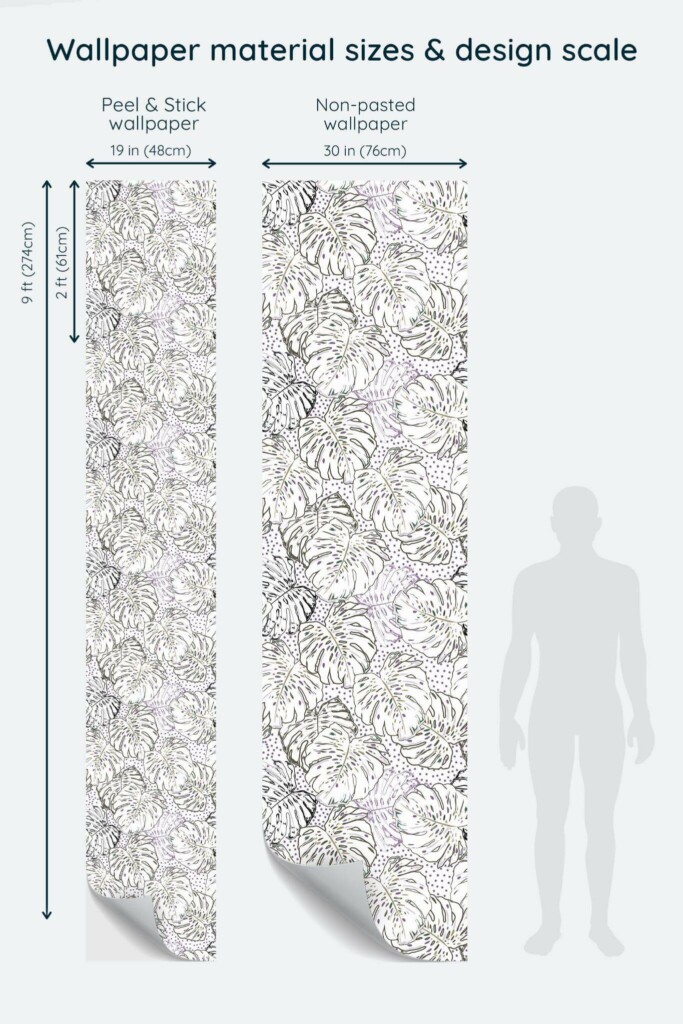 Size comparison of Multicolor monstera leaf Peel & Stick and Non-pasted wallpapers with design scale relative to human figure