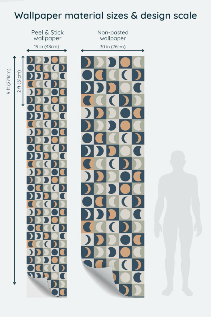 Size comparison of Multicolor moon phase Peel & Stick and Non-pasted wallpapers with design scale relative to human figure