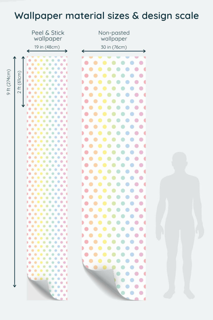 Size comparison of Multicolor polka dot Peel & Stick and Non-pasted wallpapers with design scale relative to human figure