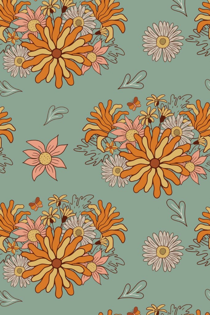 Pattern repeat of Multicolor retro flower removable wallpaper design
