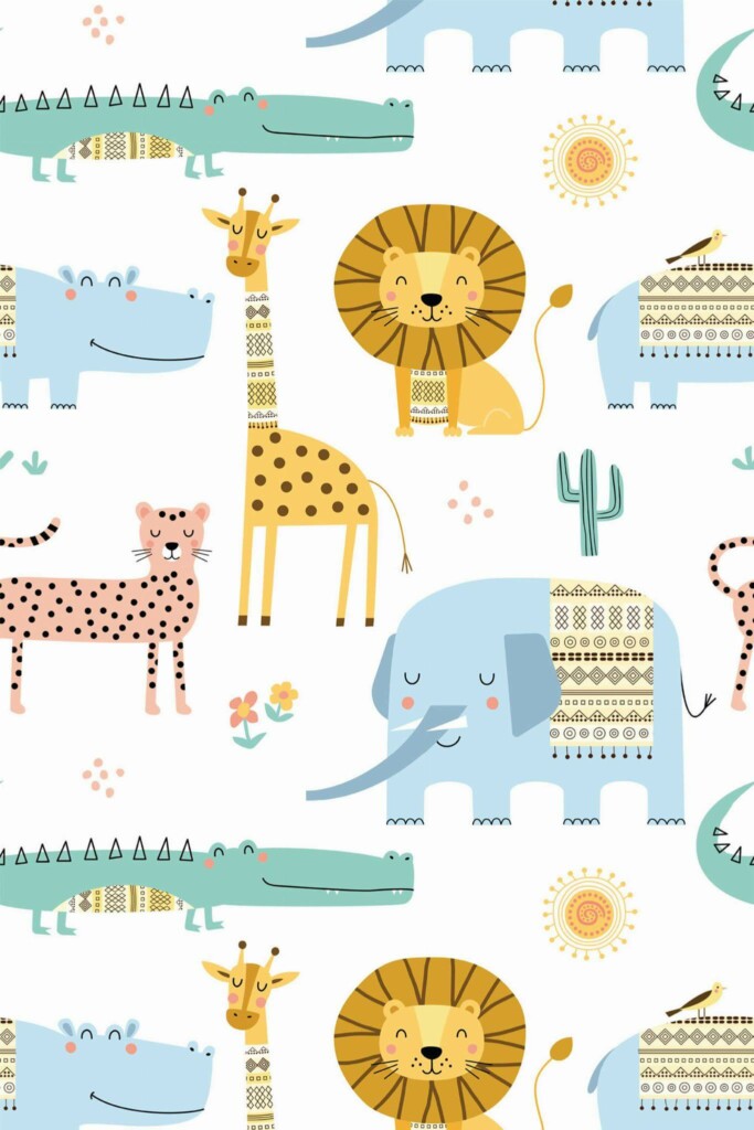 Pattern repeat of Multicolor safari animals removable wallpaper design