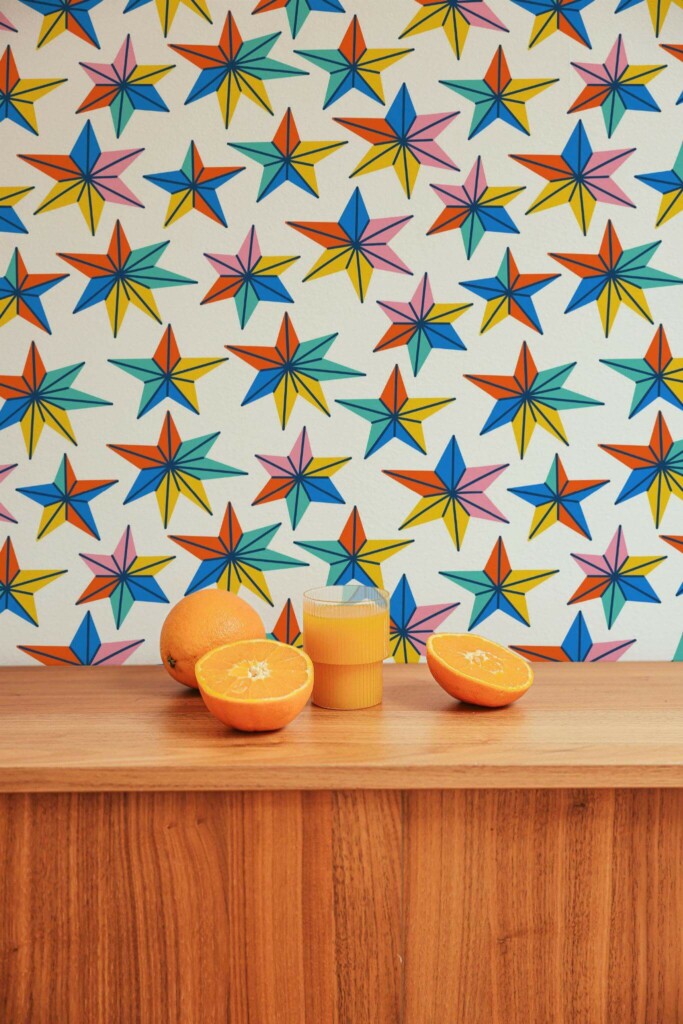 Mid-century style living room decorated with Multicolor star peel and stick wallpaper