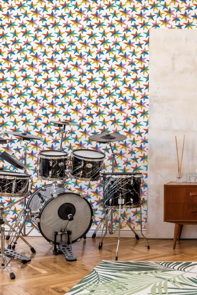 Mid-century style music room decorated with Multicolor star peel and stick wallpaper