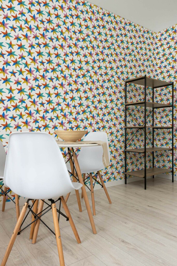 Minimalist style dining room decorated with Multicolor star peel and stick wallpaper