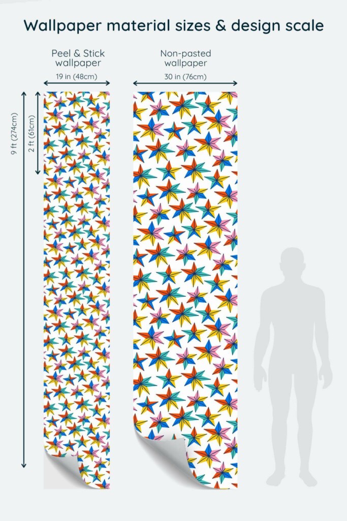 Size comparison of Multicolor star Peel & Stick and Non-pasted wallpapers with design scale relative to human figure