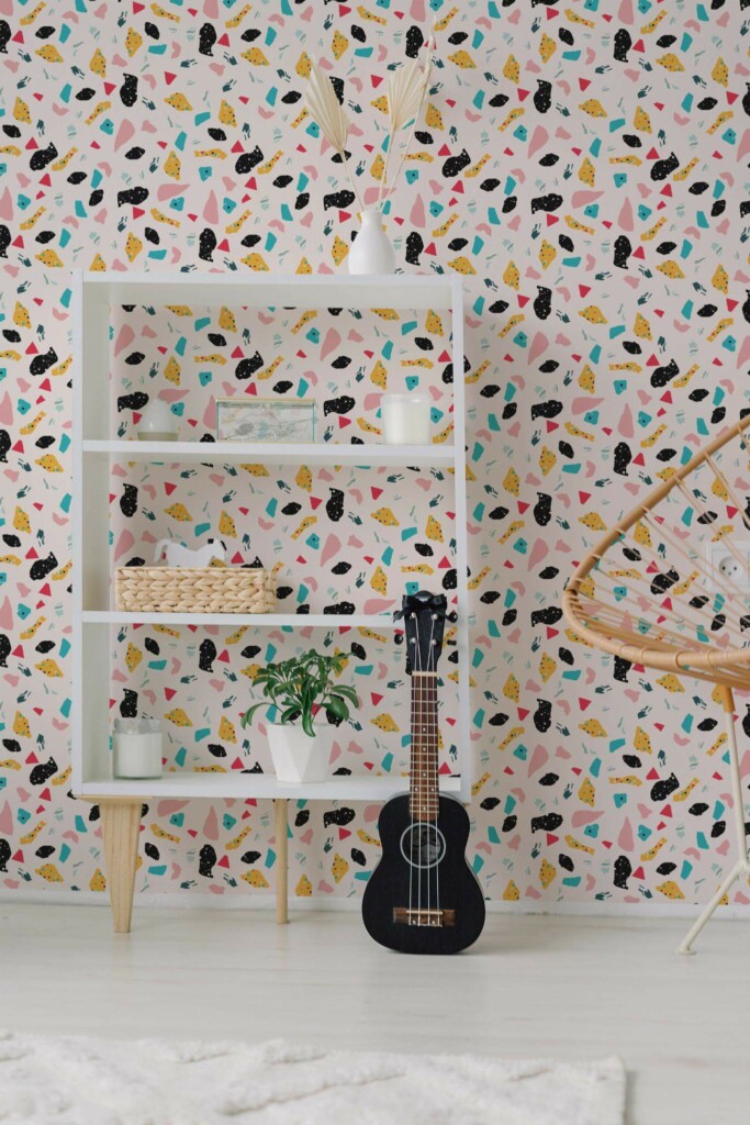 Minimal boho style living room decorated with Multicolor terrazzo peel and stick wallpaper