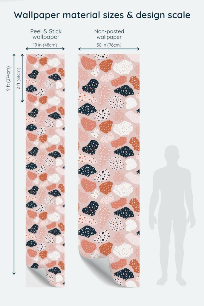 Size comparison of Multicolor terrazzo Peel & Stick and Non-pasted wallpapers with design scale relative to human figure