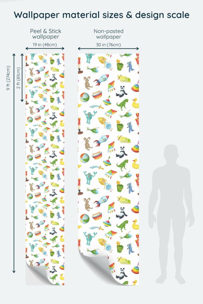 Size comparison of Multicolor toy Peel & Stick and Non-pasted wallpapers with design scale relative to human figure