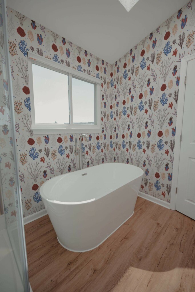 Modern style bathroom decorated with Multicolored coral peel and stick wallpaper