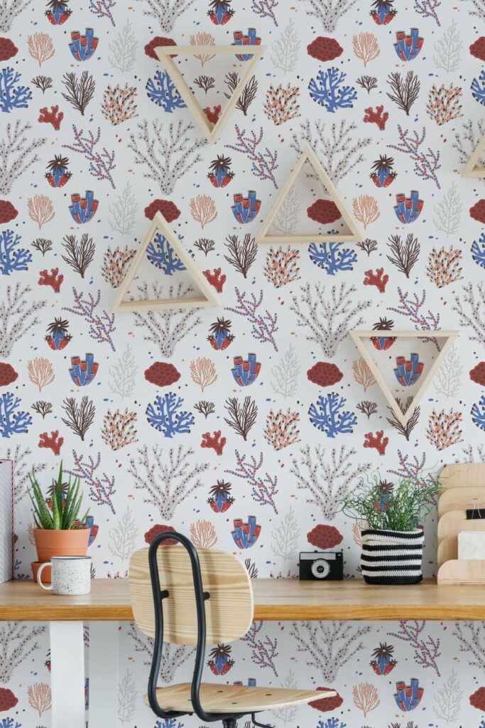 Scandinavian style home office decorated with Multicolored coral peel and stick wallpaper