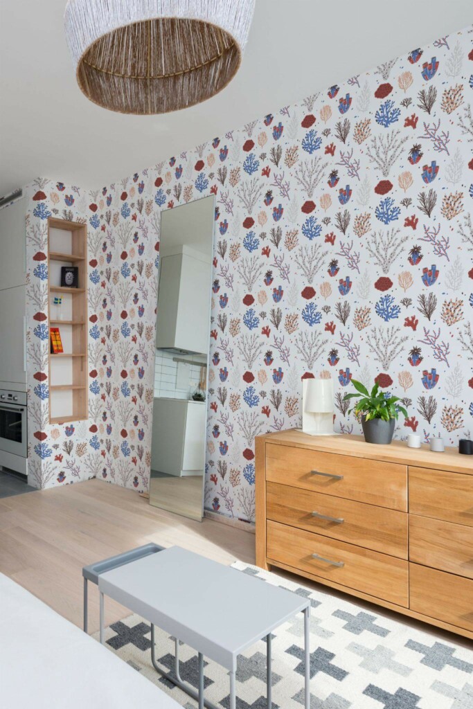 Scandinavian style small apartment decorated with Multicolored coral peel and stick wallpaper