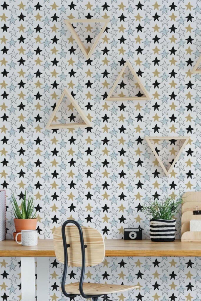 Scandinavian style home office decorated with Multicolored star peel and stick wallpaper
