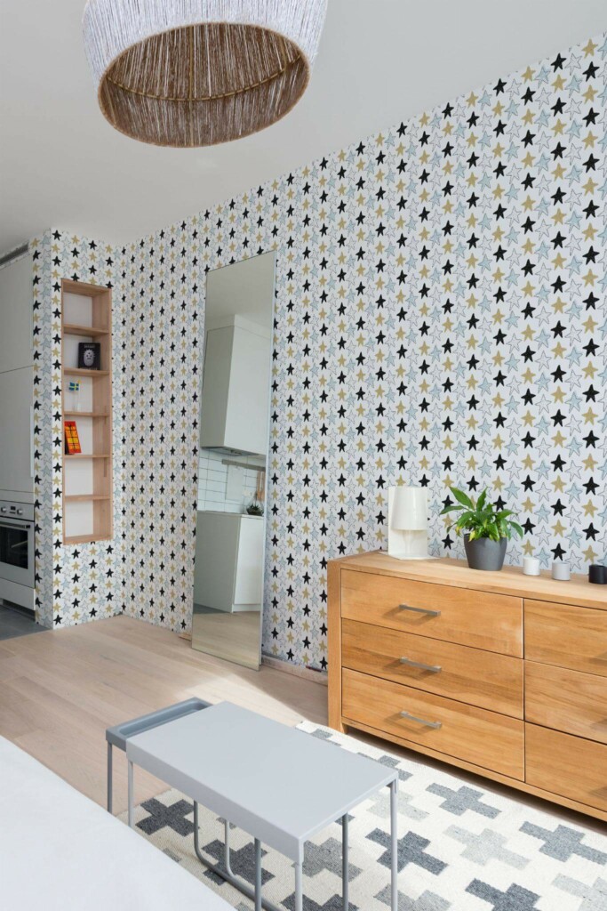 Scandinavian style small apartment decorated with Multicolored star peel and stick wallpaper
