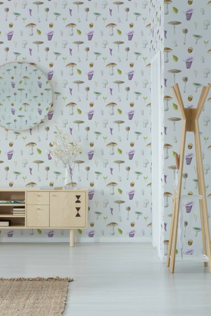 Minimal style entryway decorated with Mushroom nursery peel and stick wallpaper