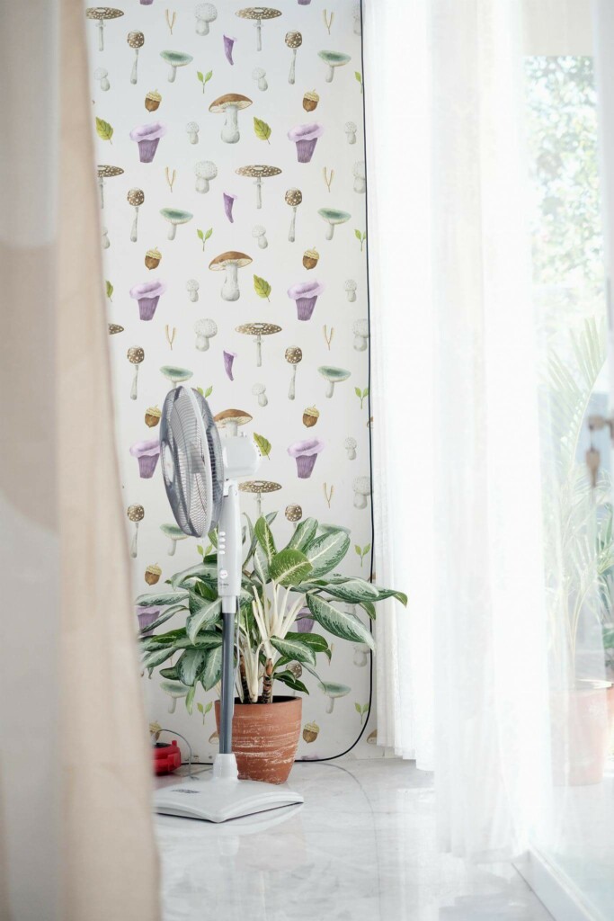 Minimal style living room decorated with Mushroom nursery peel and stick wallpaper