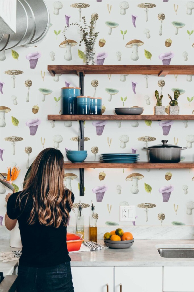 Modern Rustic style kitchen decorated with Mushroom nursery peel and stick wallpaper