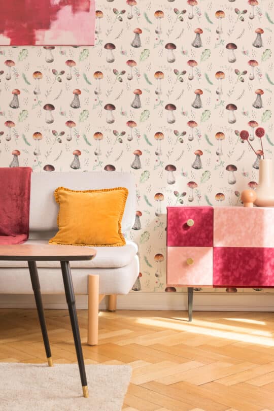 mushroom pink and green traditional wallpaper