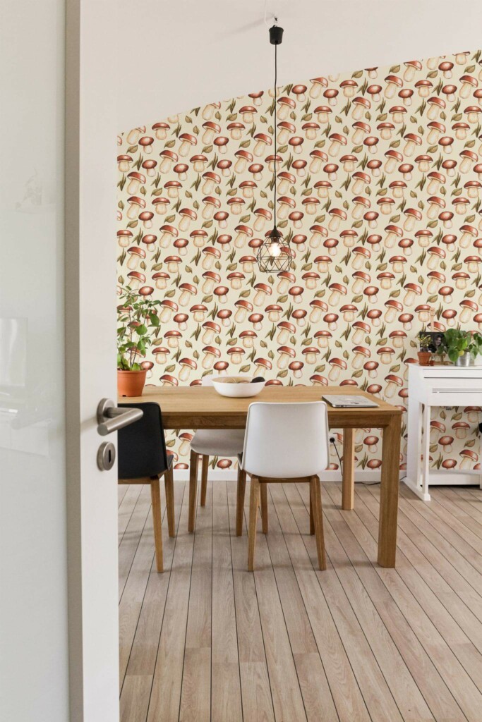 Minimal farmhouse style dining room decorated with Mushroom peel and stick wallpaper