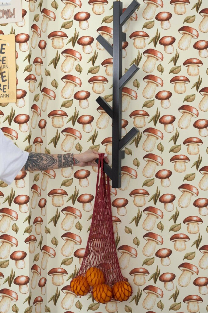 Scandinavian style kitchen decorated with Mushroom peel and stick wallpaper