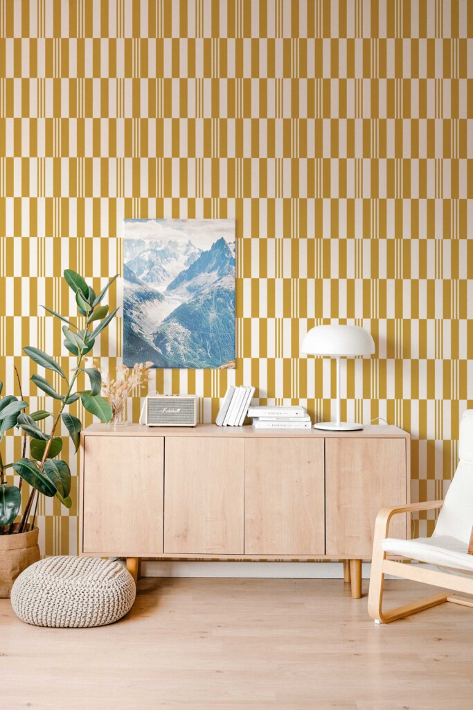 Peel and stick wallpaper with mustard retro lines from Fancy Walls