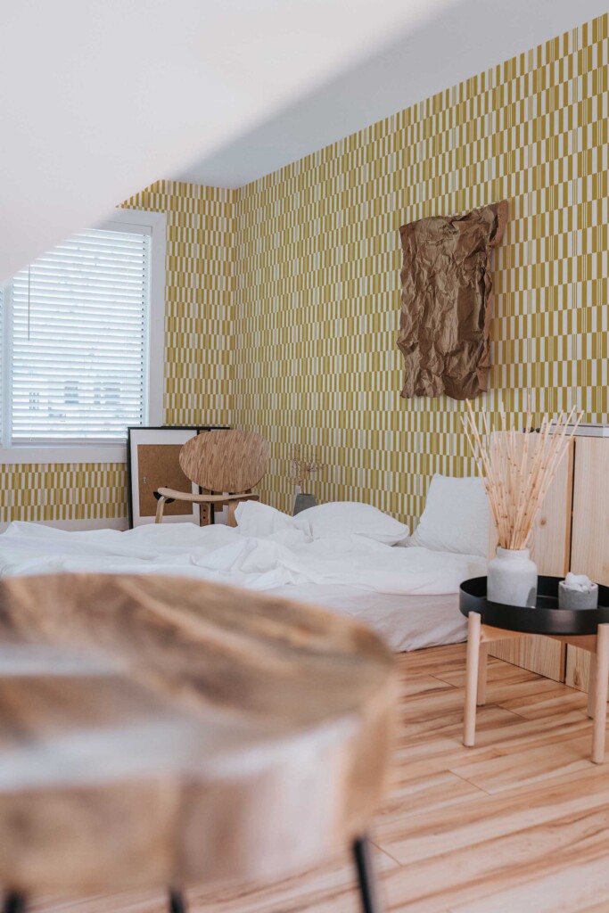 Removable wallpaper from Fancy Walls with mustard yellow oldschool geometry