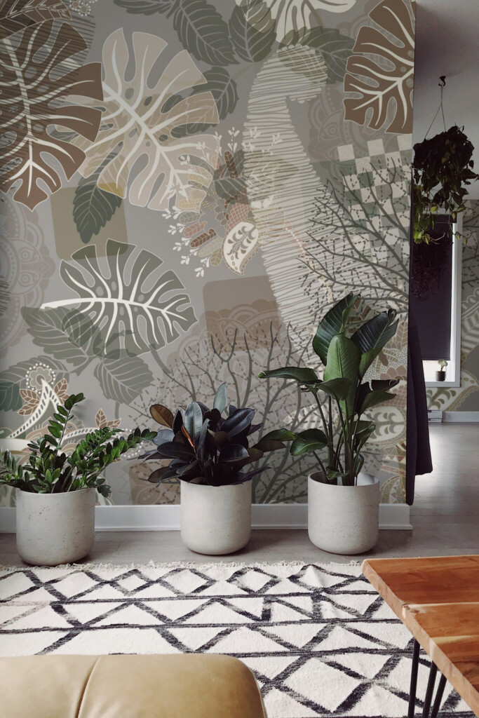 Removable wall mural showcasing layered botanical textures and artistic foliage patterns with monochrome trees, tropical leaves, and ornamental shapes. The Fancy Walls peel and stick or non-pasted wallpaper.