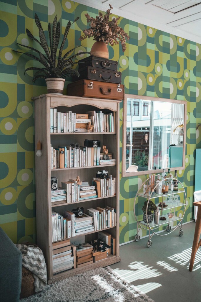 Fancy Walls removable wallpaper featuring abstract retro shapes in sage and teal