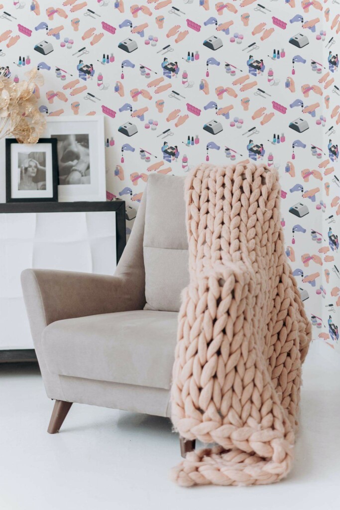 Boho style living room decorated with Nail salon peel and stick wallpaper