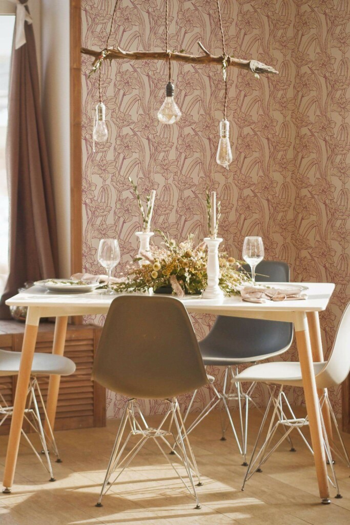 Modern boho style dining room decorated with Narcissus floral peel and stick wallpaper