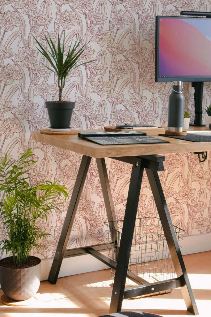 Scandinavian style home office decorated with Narcissus floral peel and stick wallpaper