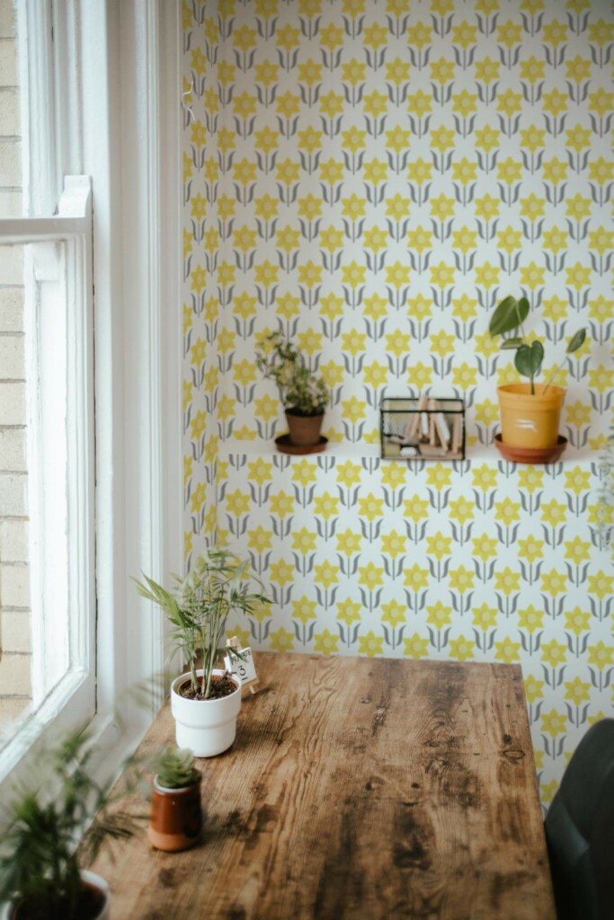 Farmhouse style home office decorated with Narcissus peel and stick wallpaper