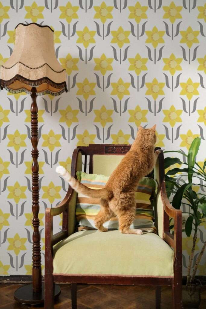 Victorian style living room with a cat decorated with Narcissus peel and stick wallpaper